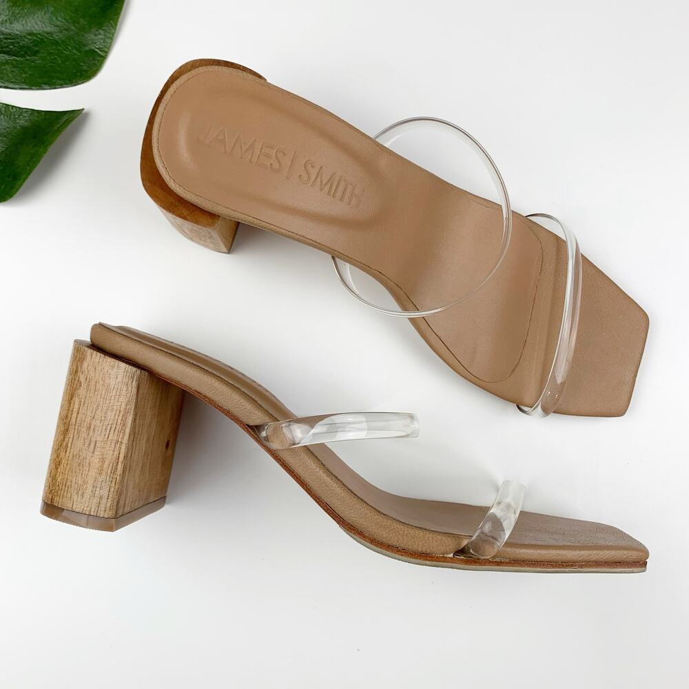 James Smith Clear-Strap Tan Block Heel Sandals